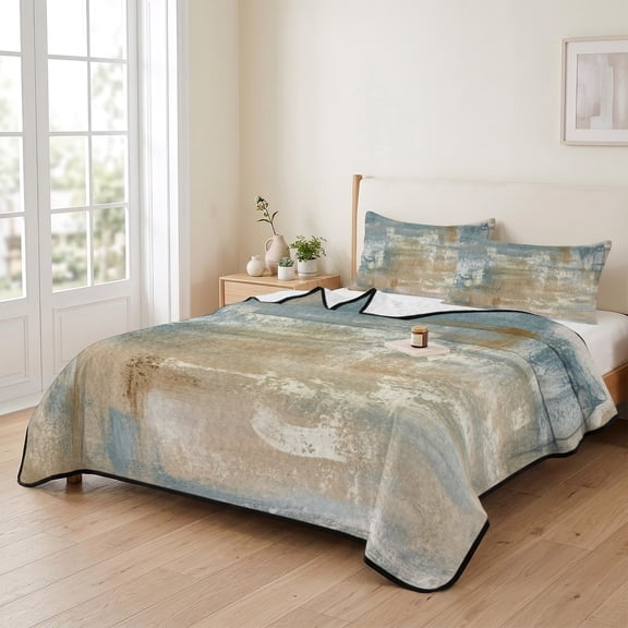 Retro Brown Blue Texture 3 Pieces Quilt Set,1 Quilt with 2 Shams,Abstract Draw Brushstroke Pattern Bedspread Soft Lightweight Bedding Coverlet Comforter Set for All Season 90"x96"