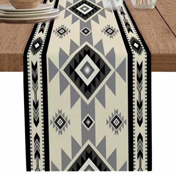 Retro Brown Bohemia Ethnic Textile Table Runner-36 Inch Long Modern Abstract Art Table Runners Linen Burlap Tablerunner for Kitchen Dining Room Holiday Party