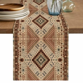 Retro Brown Bohemian Geometric Table Runner, Ethnic Retro Pattern Cotton Linen Kitchen Table Decoration Washable Dining Tabletop Runners for Home Party Decor 13x48 Inches