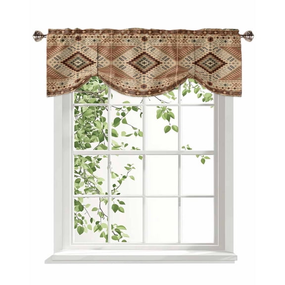 Retro Brown Bohemian Geometric Tie Up Valances Curtain, Adjustable Kitchen Ethnic Retro Pattern Valances for Windows Decor, Rod Pocket Short Curtains Set for Bedroom/Bathroom, 60"x18"