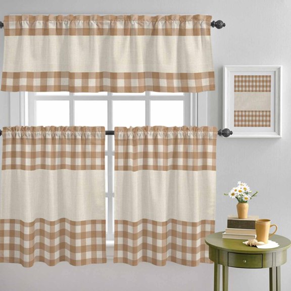 Retro Brown Buffalo Check Curtain Tier and Valance Set 3 Piece, Geometric Lattice Linen Texture 3-inch Rod Pocket Window Tier Curtains Valance for Kitchen Living Room