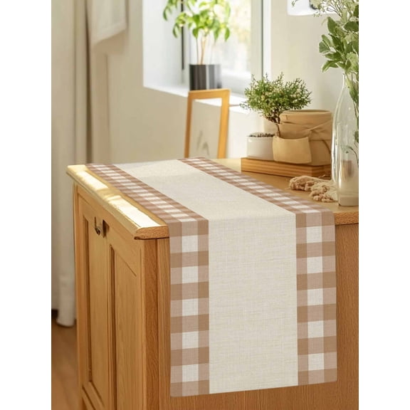 Retro Brown Buffalo Check Table Runner 36 Inches Long,Kitchen Dining Tablerunners Geometric Lattice Linen Texture Linen Table Runners Dresser Scarves for Home Dinner Wedding Holiday Party Decor
