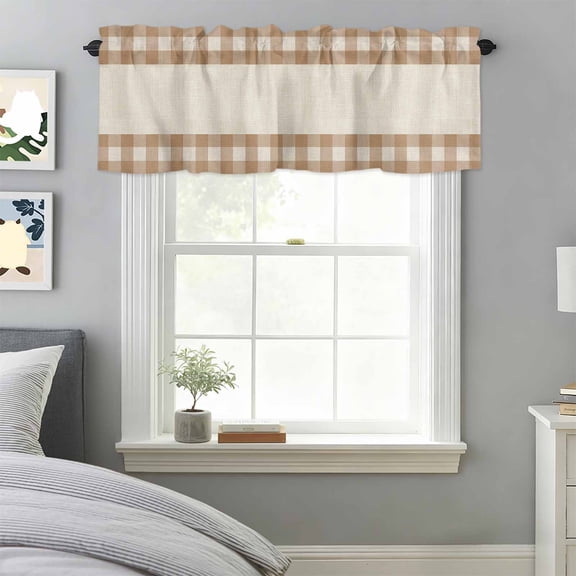 Retro Brown Buffalo Check Valances for Windows,Kitchen Valance Rod Pocket Short Curtain, Geometric Lattice Linen Texture Valance Curtain Window Valances for Bedroom Bathroom Living Room 42x18in