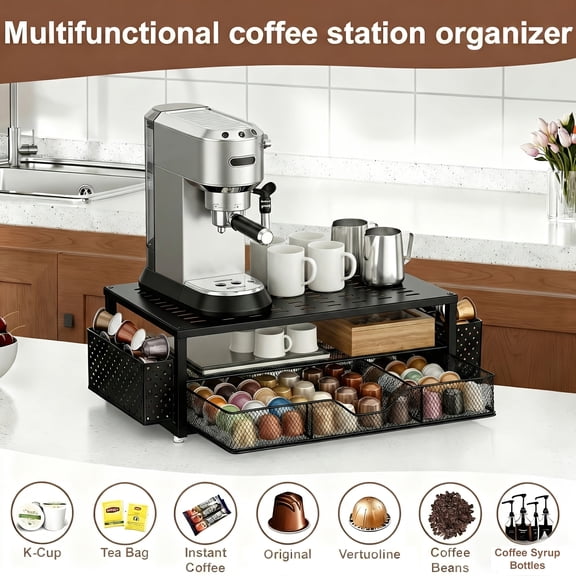 Retro Brown Coffee Station Organizer with 70-Cup Pod Drawer and Double-Layer Storage Rack for Kitchen Countertop