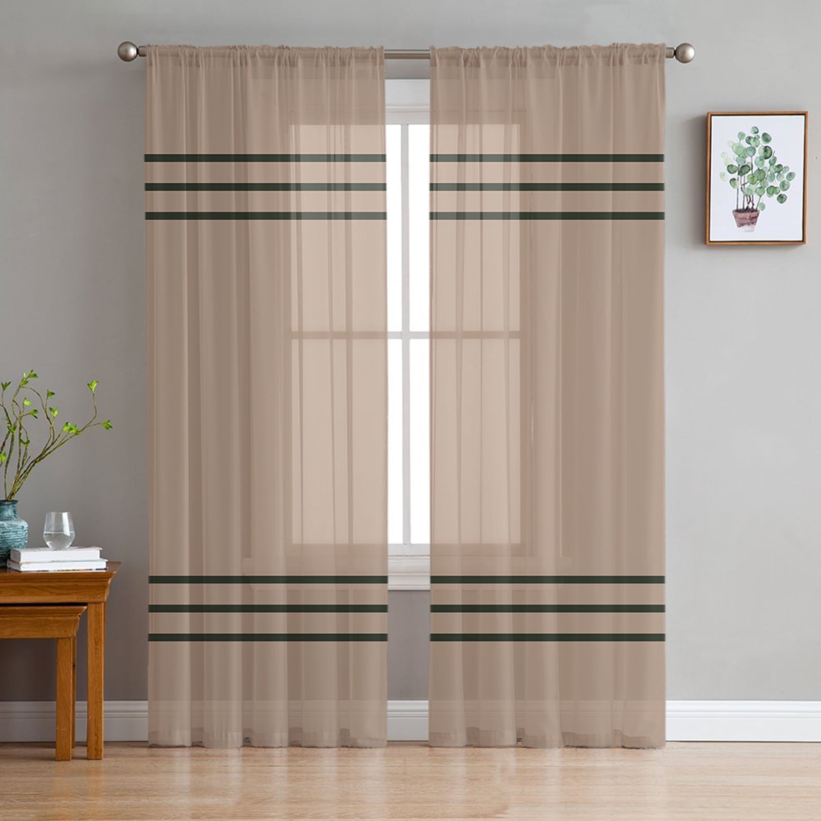 Transparent Rations Retro Brown Dark Green Stripes Tulle Curtains for Living Room Bedroom ...