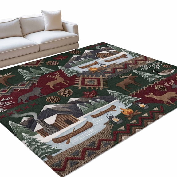 Retro Brown Deer 6x9ft Non Slip Area Rug Countryside Pine Tree Campfire Boat Washable&nbsp;Soft Area Rugs for Living Room, Indoor&nbsp;Circle Carpet for Bedroom Dining Room Kitchen