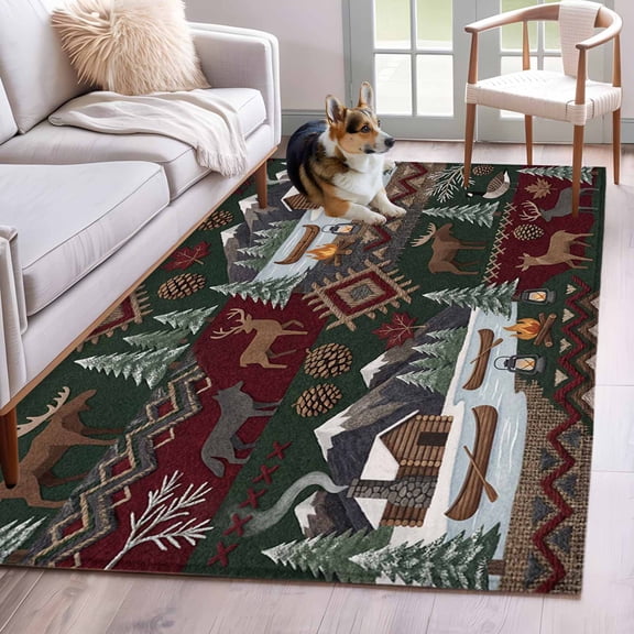 Retro Brown Deer Area Rugs 4x6 ft Countryside Pine Tree Campfire Boat Washable Rug Non Slip Indoor Carpet Absorbent Floor Mat for Living Room Bedroom Dining Room
