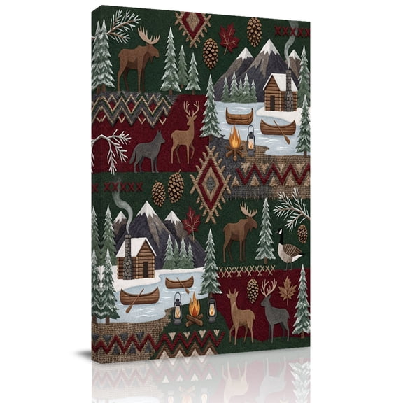 Retro Brown Deer Canvas Wall Art for Living Room, Countryside Pine Tree Campfire Boat Poster Print Painting for Bedroom Office Home Decoration Wall Pictures Prepare To Hang 8"x12"