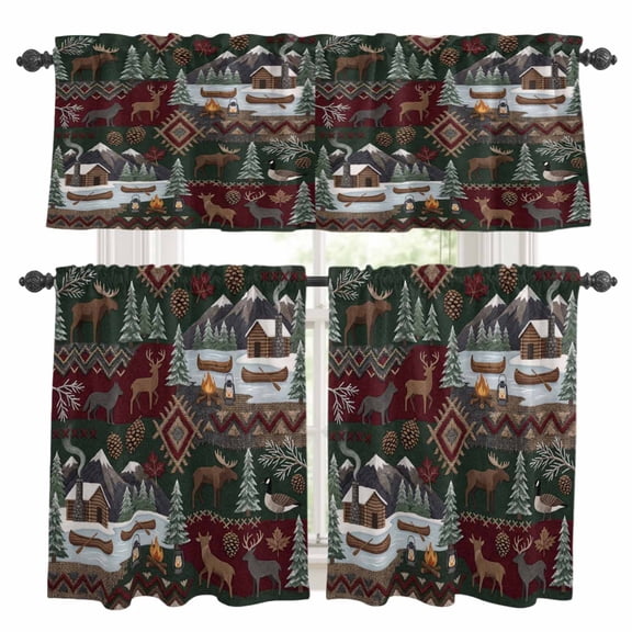 Retro Brown Deer Kitchen Curtains Valance and Tier Set Countryside Pine Tree Campfire Boat Rod Pocket Short Curtains for Small Window 3 Pieces Set for Bedroom Bathroom Cafe (54" x 18"+27" x 24")