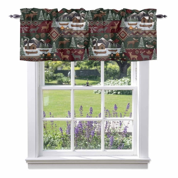 Retro Brown Deer Valances for Windows Countryside Pine Tree Campfire Boat Rod Pocket Cafe Window Treatments Valance Curtains for Kitchen Bathroom Laundry Basement Windows 42"x18"