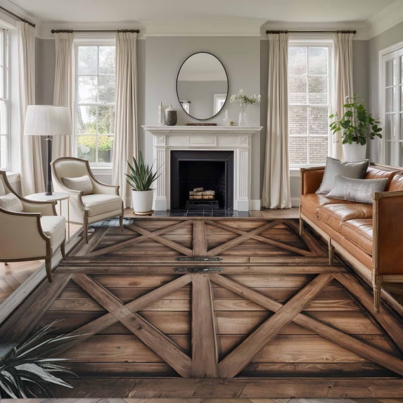 Retro Brown Door Area Rug 6x9 FT, Non Slip Living Room Throw Carpet, Country Vintage Wooden Door Washable Soft Large Floor Carpet Non-Shedding Rug for Bedroom Dining Room Play Room