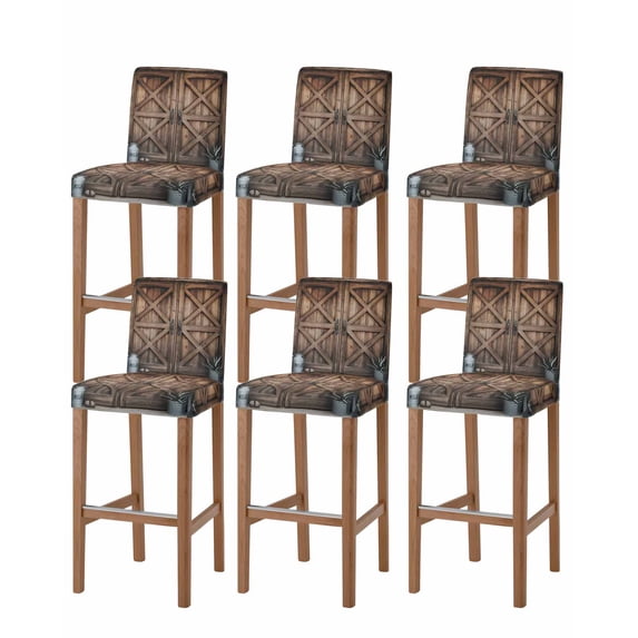 Retro Brown Door Bar Stool Covers Set of 6, Country Vintage Wooden Door Stretch Washable Bar Chair Covers with Backs, Removable Pub Counter Height Chair Cover for Kitchen Dining Room Cafe