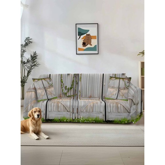 Retro Brown Door Couch Cover, Rustic Vintage Garden Wooden Door Oversized Sofa Cover Blanket for 3 Cushion Couch,Sectional Sofa Slipcover Furniture Protector for Living Room Bedroom 71''x150''