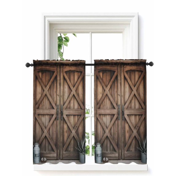 Retro Brown Door Curtains 54 Inch Length, Sheer Curtains for Bedroom Living Room Window Country Vintage Wooden Door Rod Pocket Voile Drapes Kitchen Curtains Small Half Window 42"x54" 2 Panels