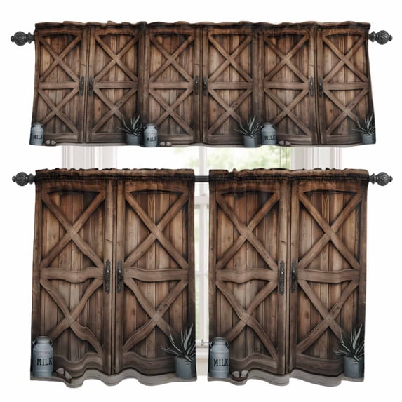 Retro Brown Door Kitchen Curtains Sets for Windows 24 Inch Length, Country Vintage Wooden Door Rod Pocket Window Treatments Tier Curtains and Valances Set for Bedroom/Bathroom