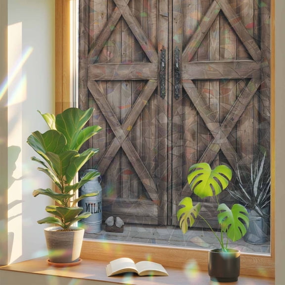 Retro Brown Door Privacy Window Film, Decorative Stained Glass Window Film, Country Vintage Wooden Door Resuable Rainbow Static Cling for Home Bathroom Living Room Glass Door 17.7"x39.3"