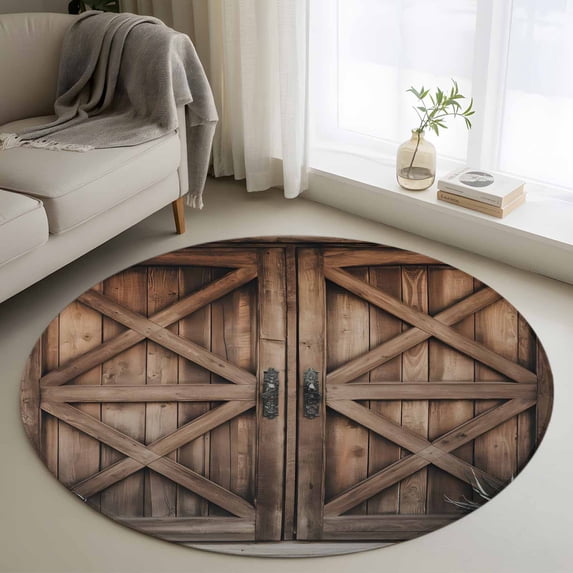 Retro Brown Door Round Area Rug 3 FT, Small Kitchen Bathroom Mats, Country Vintage Wooden Door Washable Indoor Outdoor Throw Runner Carpet Non-Shedding Doormat for Table Shower Sofa Entryway