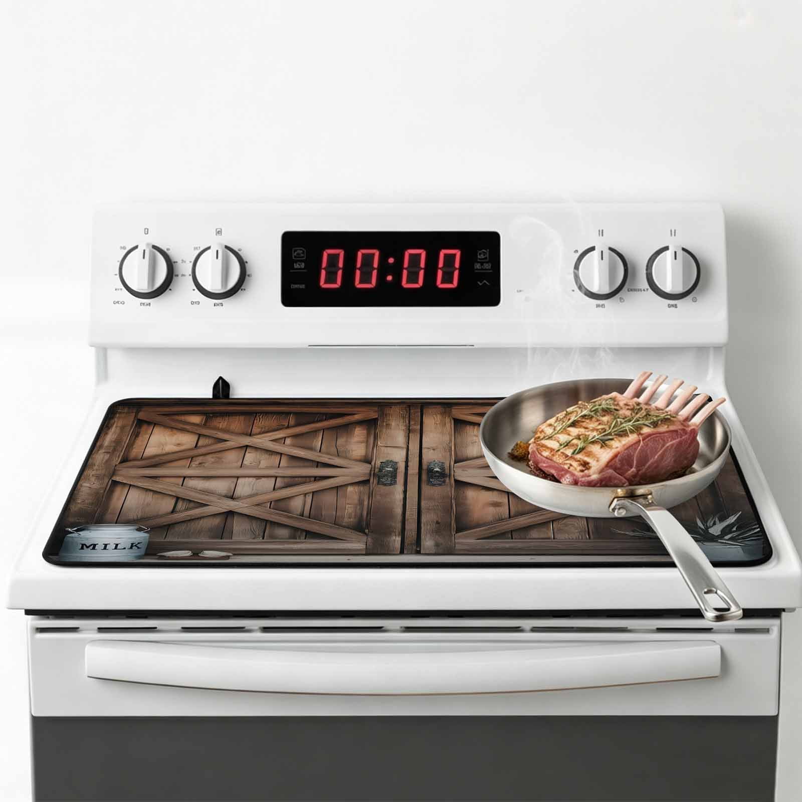 Retro Brown Door Stove Top Cover for Electric Stove, Heat-proof & Non Slip Glass Top Stove Cover Protector, Country Vintage Wooden Door Kitchen Flat Cooktop Rubber Mat 24x21 Inches