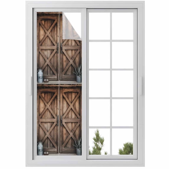 Retro Brown Door Window Privacy Film, Country Vintage Wooden Door Static Cling UV Sun Blocking Heat Control Window Tint Day and Night, Non-Adhesive One Way Windows Privacy Cover 17.7''x78.7''