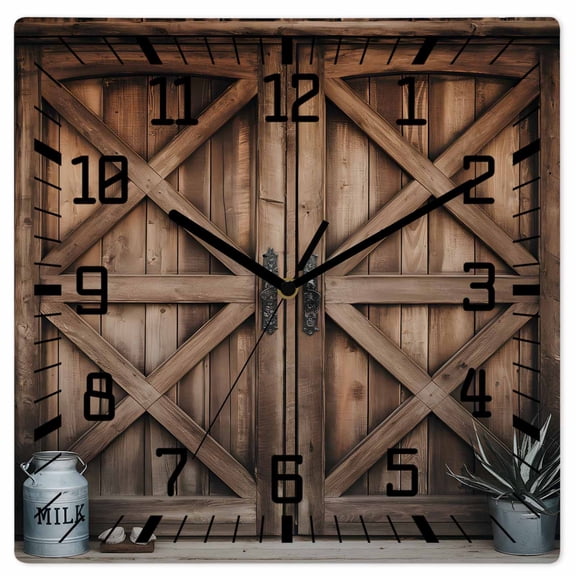 Retro Brown Door Wooden Wall Clock Silent Non Ticking, Country Vintage Wooden Door Square Wall Clocks Battery Operated, Decor Clock for Home Office, Living Room, Kitchen, 12 Inch