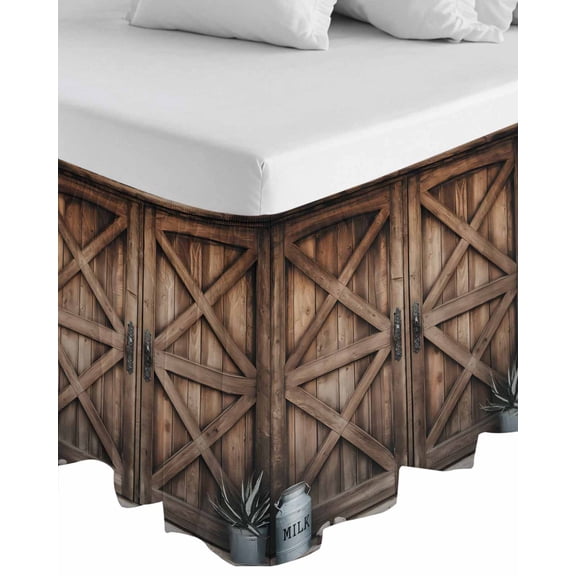 Retro Brown Door Wrap Around Bed Skirts for California King Bed 18" Drop,Bed Skirt with Adjustable Elastic Belt Dust Ruffle Bed Valance for Bedroom Hotel Country Vintage Wooden Door Bed Frame Cover