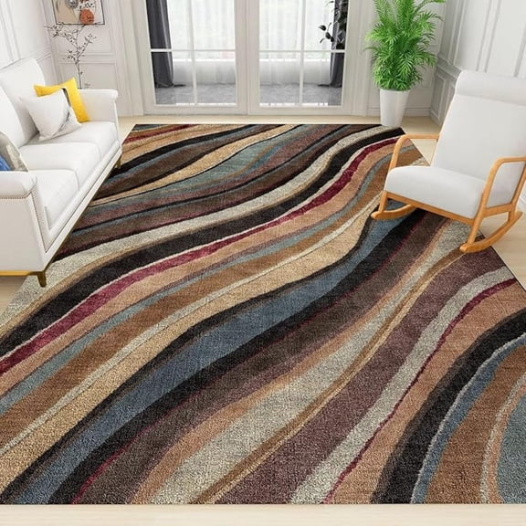 Retro Brown Geometric Stripes Area Rug, Farmhouse Boho Art Style Washable Rugs, Large Non-Slip Decorative Carpet For Living Room Bedroom Dining Room Office 5x7ft