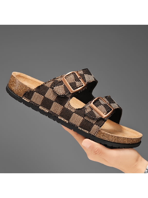 Retro Brown Grid Print Two-Strap Cork Slides Adjustable Copper Buckle Contour Massage Insole Outdoor Sandals