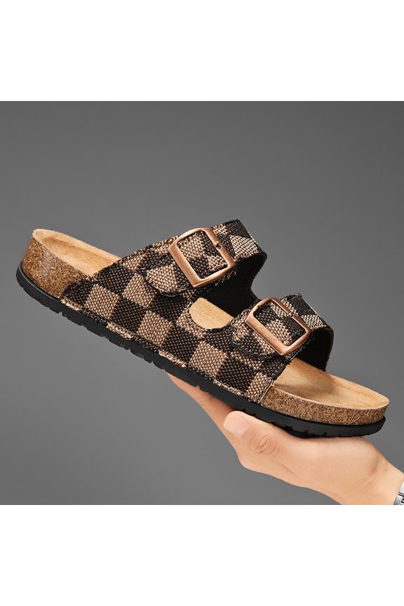Retro Brown Grid Print Two-Strap Cork Slides Adjustable Copper Buckle Contour Massage Insole Outdoor Sandals