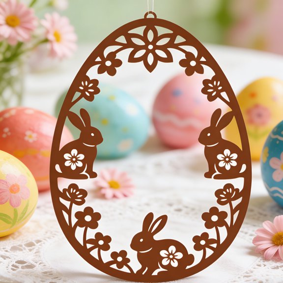 Retro Brown Hollow Metal Easter Hanging Ornament Bunny Floral Egg Shaped Decor For Home Wall Front Door Porch Easter Holiday Indoor Decoration