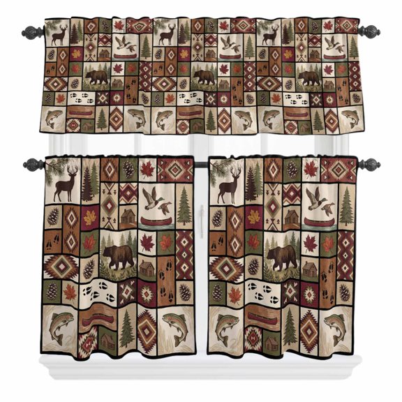 Retro Brown Patchwork Curtain Valances Set Deer Pine Tree Bird Boat Ethnic Kitchen Curtains 24 inch Length Rod Pocket Valance and Tiers 3 Piece Set Small Bedroom Bathroom Laundry Decor
