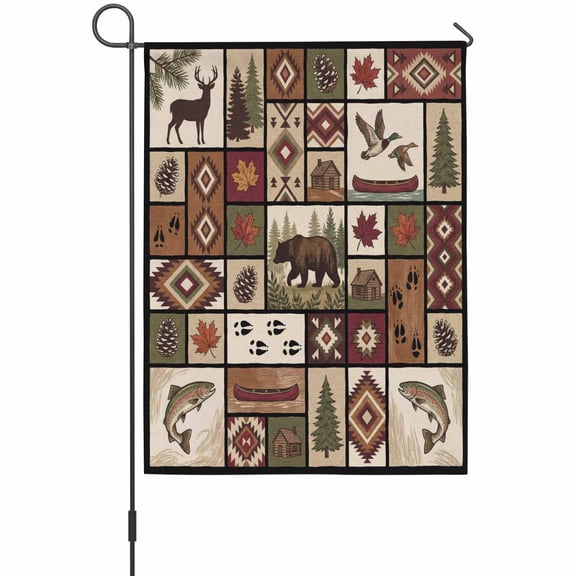 Retro Brown Patchwork House Flag 28 x 40 Inches, Deer Pine Tree Bird Boat Ethnic Weather Proof Outdoor Patio Flags Double Sided Small House Decoration for Yard Lawn Outside Home