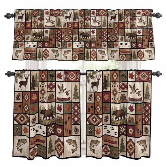 Retro Brown Patchwork Kitchen Curtains Valances and Tiers Set of 3 Deer Pine Tree Bird Boat Ethnic Tier Curtains and Valance with Rod Pocket for Small Windows, 27.5"x24"