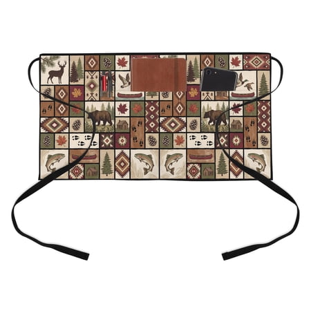 Retro Brown Patchwork Kitchen Restaurant Half Waist Apron, Deer Pine Tree Bird Boat Ethnic Server Short Apron with 3 Pockets Waterproof Oil Waist Aprons for Women Waitress Waiter