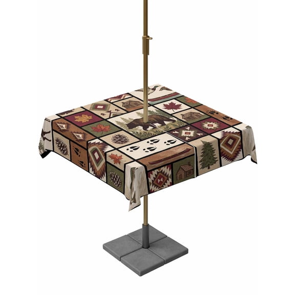 Retro Brown Patchwork Outdoor Rectangle Tablecloth with Umbrella Hole 54"x54", Deer Pine Tree Bird Boat Ethnic Waterproof Zippered Table Cloth Wrinkle Free Wipeable Desk Covers for Patio Party