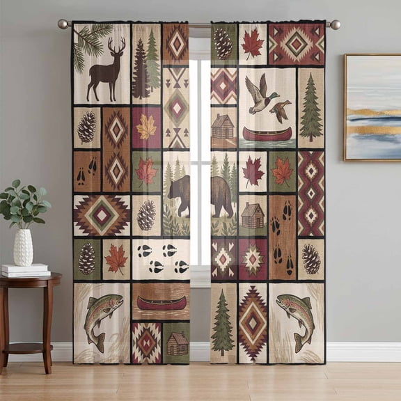 Retro Brown Patchwork Sheer Curtains for Living Room Bedroom, Deer Pine Tree Bird Boat Ethnic Light Filtering Sheer Curtain Rod Pocket Voile Window Treaments Drapes, 52 x 96 Inches