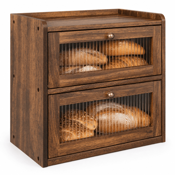Retro Brown Pine Wood Bread Box, Double Layer Countertop Storage