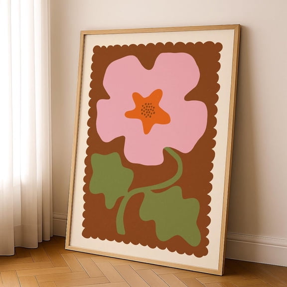 Retro Brown Pink Abstract Flower Scalloped Border Vintage Wall Art, Stretched Canvas 12x16in