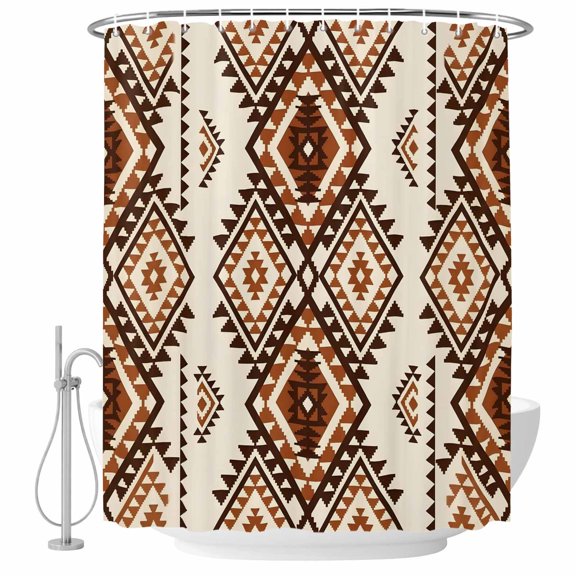Retro Brown Rectangle Shower Curtain, 60"x72", Tribal Classic Geometric Abstract Waterproof Bathroom Curtain Washable Shower Curtain Set with 12 Hooks