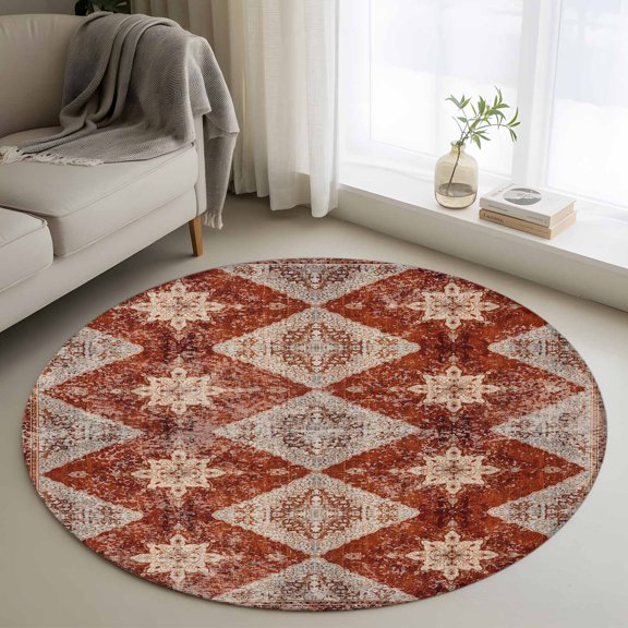 Retro Brown Round Area Rug 3.3 FT, Non Slip Small Entryway Kitchen Mat, Boho Western Modern Geometric Abstract Art Washable Soft Circular Rug Non-Shedding Door Mat for Bathroom Playroom Kids Room