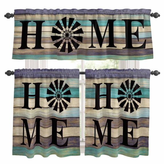Retro Brown Teal Kitchen Curtains Sets for Windows 36 Inch Length, Vintage Home Wooden Farmhouse Rod Pocket Window Treatments Tier Curtains and Valances Set for Bedroom/Bathroom