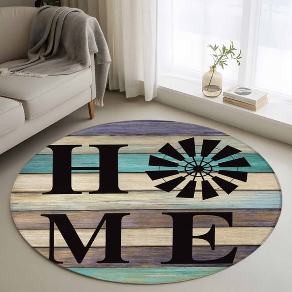 Retro Brown Teal Round Rug 3ft Washable Circle Entryway Rugs Non Slip Vintage Home Wooden Farmhouse Area Rug Indoor Floor Carpet for Bedroom Kitchen Living Room Home Office Dining Room Nursery