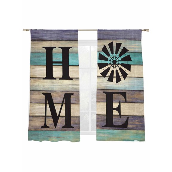 Retro Brown Teal Sheer Curtains 63 Inch Length 2 Panels Set, Semi Transparent Voile Rod Pocket Curtains for Living Dining Room Bedroom Drapes Vintage Home Wooden Farmhouse