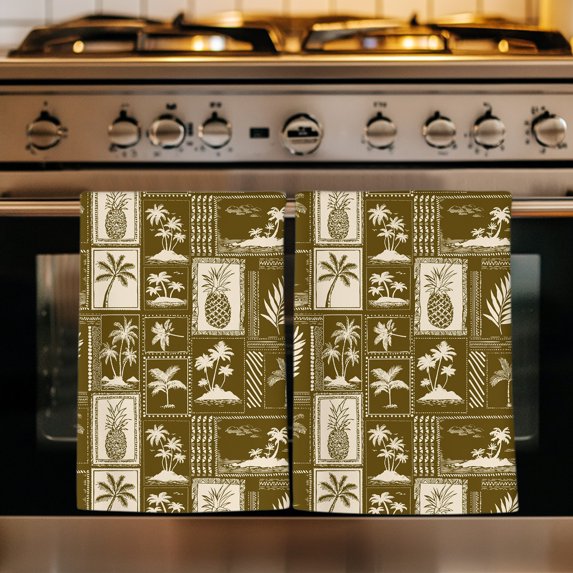 Retro Brown Tropical Plants Kitchen Towels Set of 3, Summer Fruits Plam Trees Leaves Absorbent Dish Towels for Kitchen, Microfiber Hand Towel, Quick Drying Tea Towel for Cleaning Dishcloths