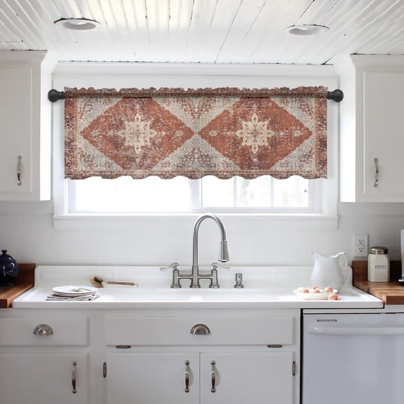 Retro Brown Valance Curtains for Kitchen/Living Room/Bathroom/Bedroom Window, Boho Western Modern Geometric Abstract Art Rod Pocket Small Topper Half Short Window Curtains Voile Sheer Scarf 54"x18"