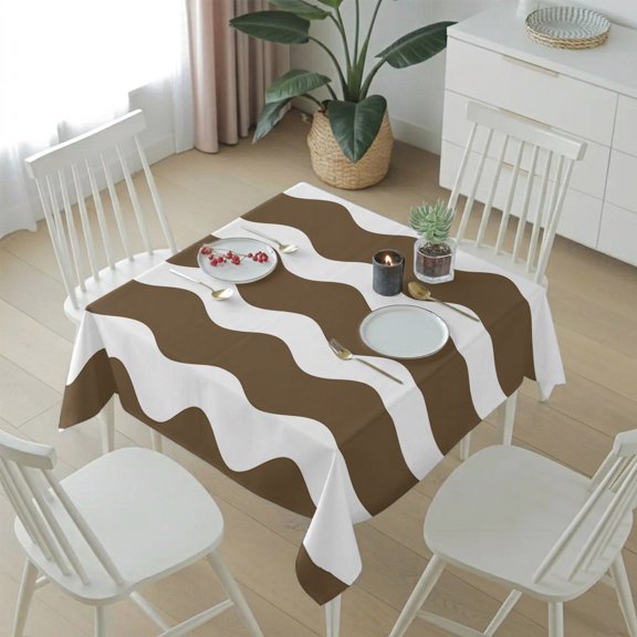 Retro Brown White Wave Stripe Table Cloth 54x54in, Waterproof Square Tablecloth Wipeable Tablecloths Vintage Wavy Ripple Table Covers for Dining Tables Party Indoor Outdoor