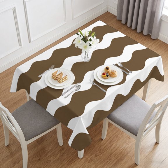 Retro Brown White Wave Stripe Table Cloth 60x84in, Waterproof Rectangle Tablecloth Wipeable Tablecloths Vintage Wavy Ripple Table Covers for Dining Tables Party Indoor Outdoor