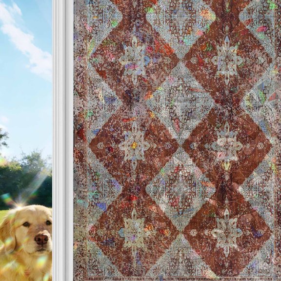 Retro Brown Window Privacy Film Stain Glass,Reusable Decorative Rainbow Window Film,Boho Western Modern Geometric Abstract Art Static Cling Sun Blocking Stickers Decals Covers 23.6" x 59" (2pcs)