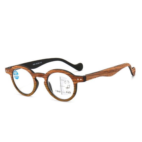 Retro Brown Wood Grain Progressive Multi-focus Reading Glasses 1.50 Round Anti-blue Light Spring Hinges Readers +1.50 Strength