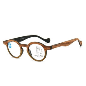 Retro Brown Wood Grain Progressive Multi-focus Reading Glasses 1.50 Round Anti-blue Light Spring Hinges Readers +1.50 Strength