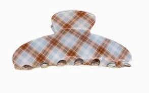 Retro Brown and Blue Plaid PVC Clip High Ponytail Shark Clip Hair Clip Women's Simple Hair Accessory